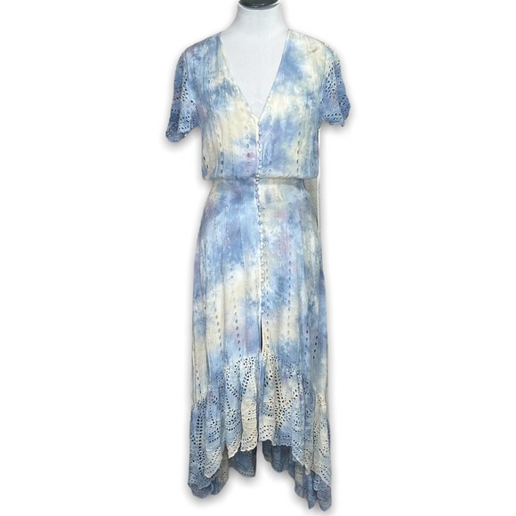YFB NWT Young Fabulous & Broke Costa Maxi Dress XS Tie Dye Eyelet Lace - Picture 2 of 13